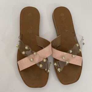 Jessica Carlyle Sandal Women 9 Pink‎ Clear Strappy Slip On Pearls Preppy Beach